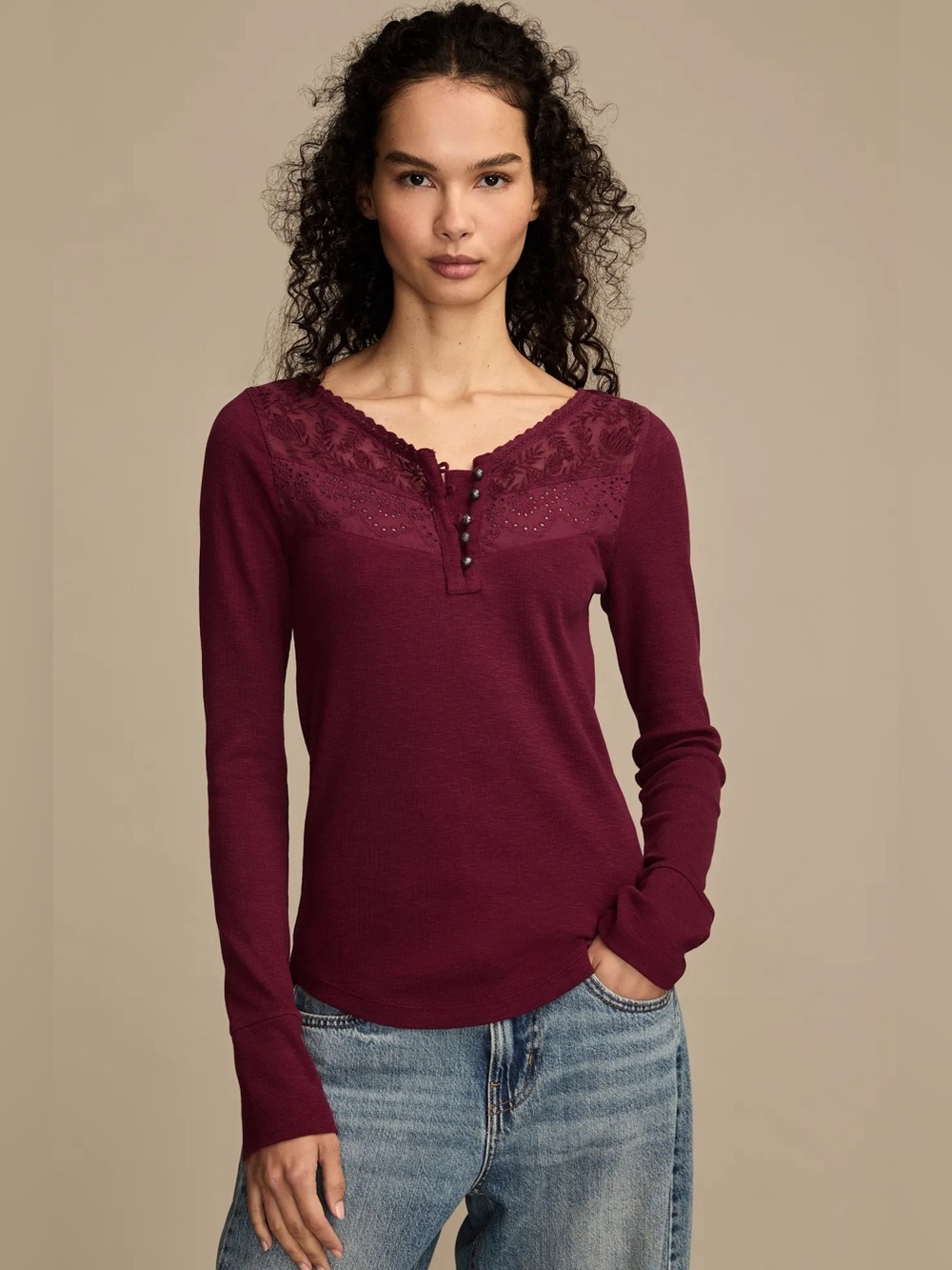 NWT Lucky Brand Lace Yoke Henley Wine Plum Maroon Long Sleeve Shirt XXL